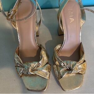 MIA Metallic Gold Knotted Ankle-Strap Block Heels